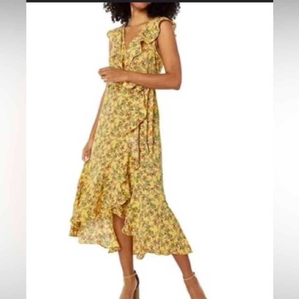 Max Studio Yellow Floral High-Low Ruffle Wrap Dress